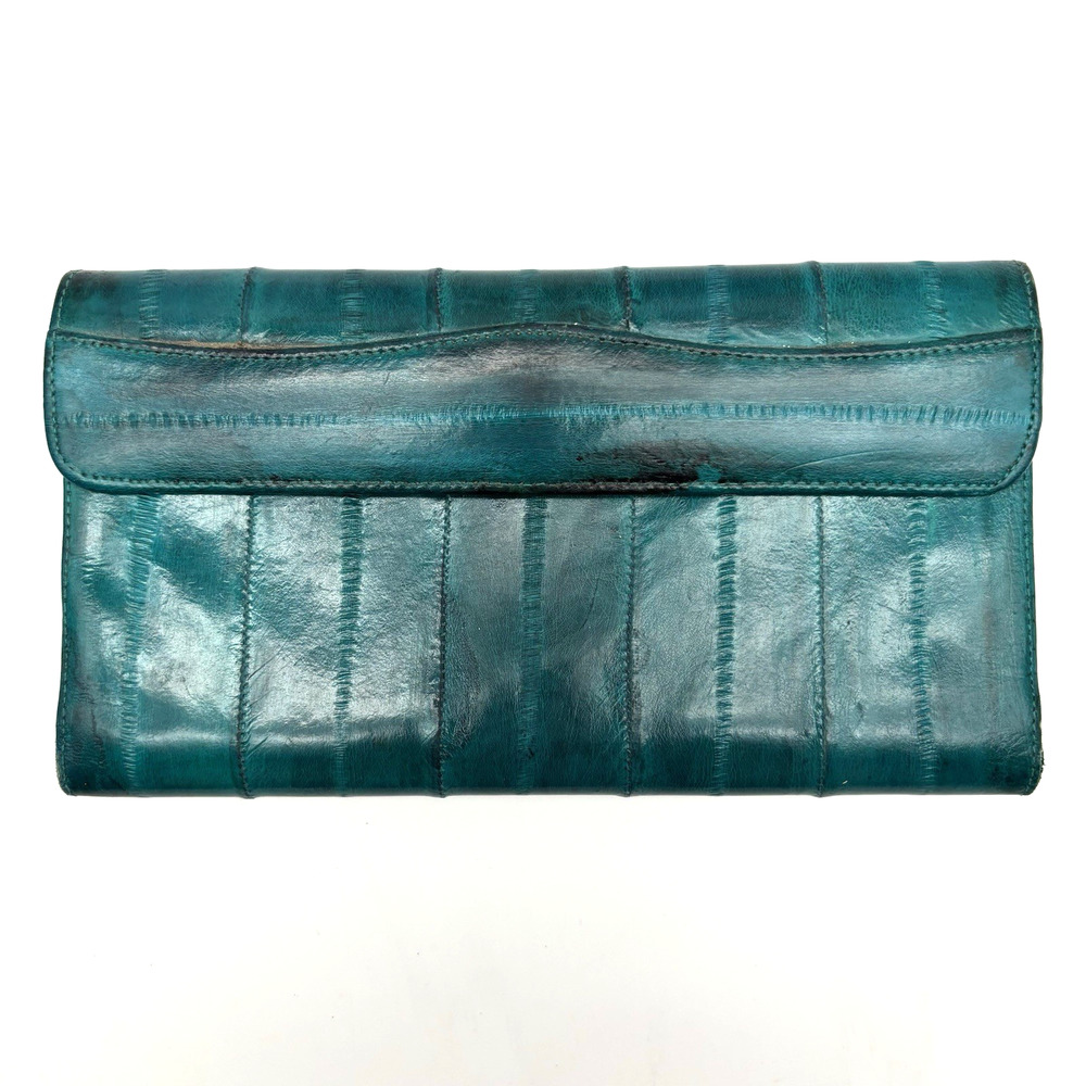 Vintage 70s Turquoise Blue Eel Skin Leather Organizer Trifold Wallet 7.25x4"